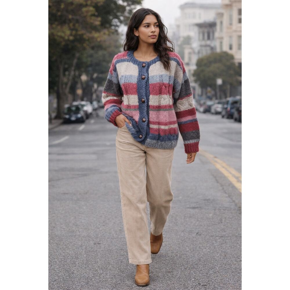 Handmade Chunky Knit Cardigan Sweater Stripe Wool Blend Cozy M L